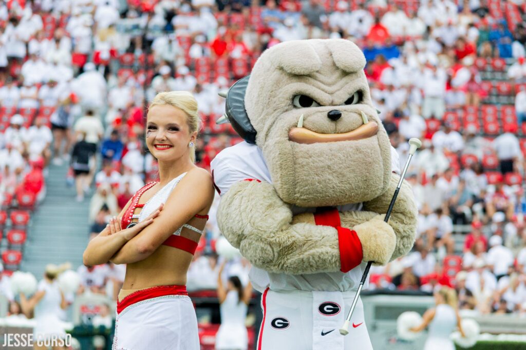 2026 UGAvsWKU Feature Twirler and Hairy Dawg